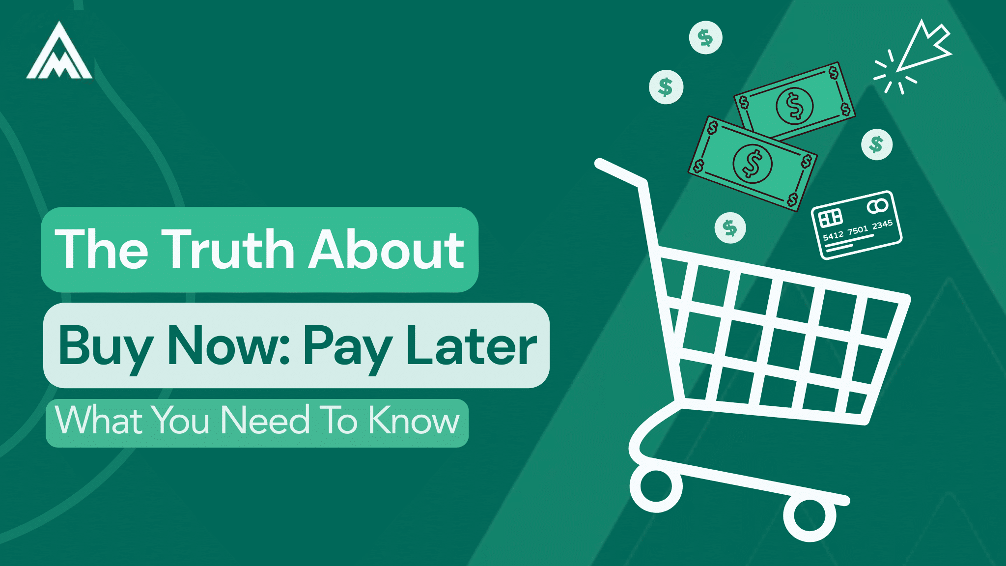 teal background with the words "the truth about buy now pay later - what you need to know" on the left. On the right is the simple white outline of a shopping cart with simple outlines of coins, bills, and credit cards falling into it